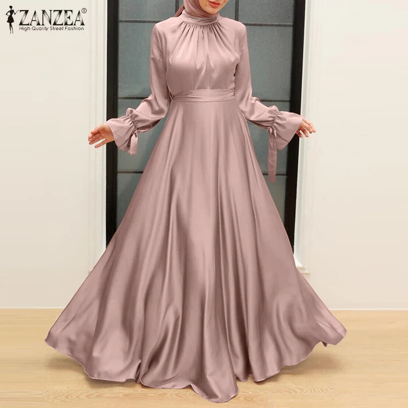 Elegant Muslim Dress Abaya Women Long Dress 2025 ZANZEA Long Sleeve Satin Party Sundress Robe Femme Turkey Hijab Vestidos Kaftan