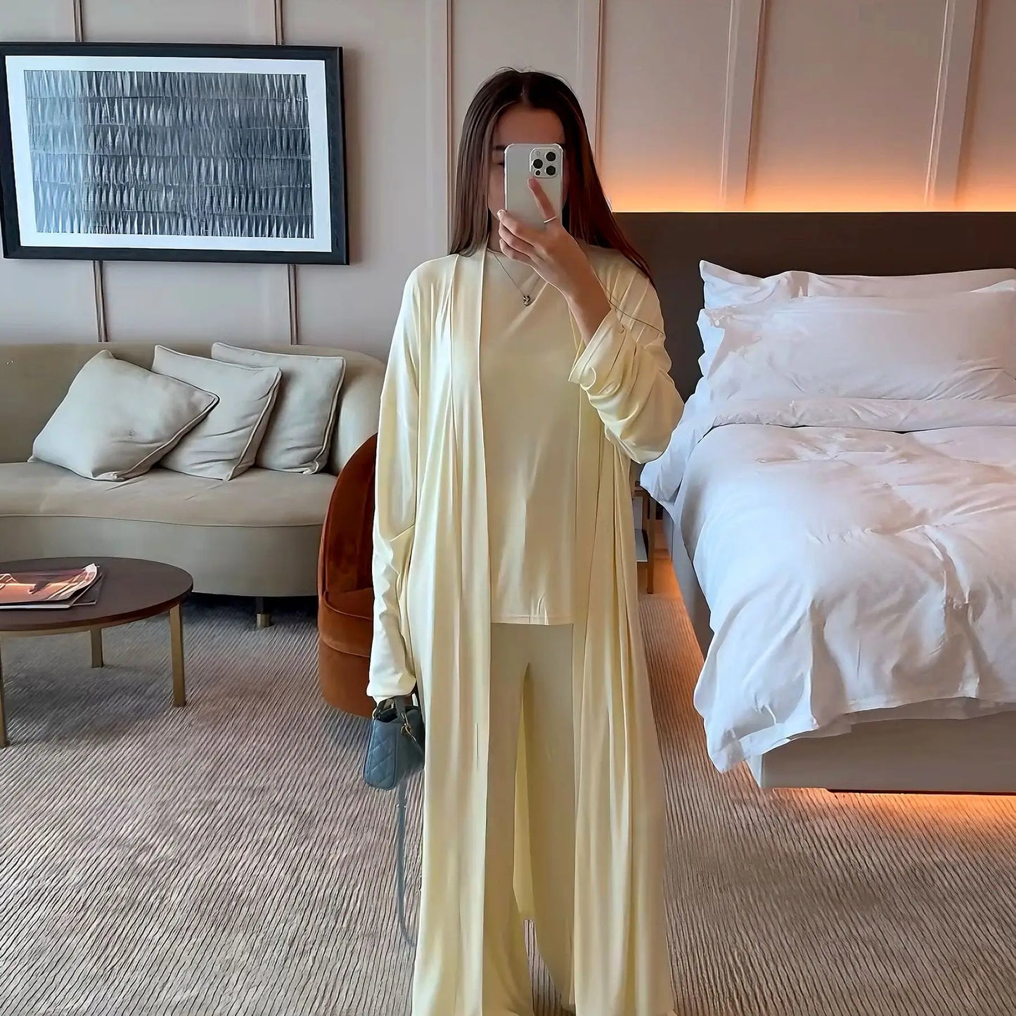 Muslim 3 Piece Set Women Cardigan Shirt Wide Leg Pant Blouse Top Suit Musulman Ensemble Dubai Casual Femme Outfits Solid Casual