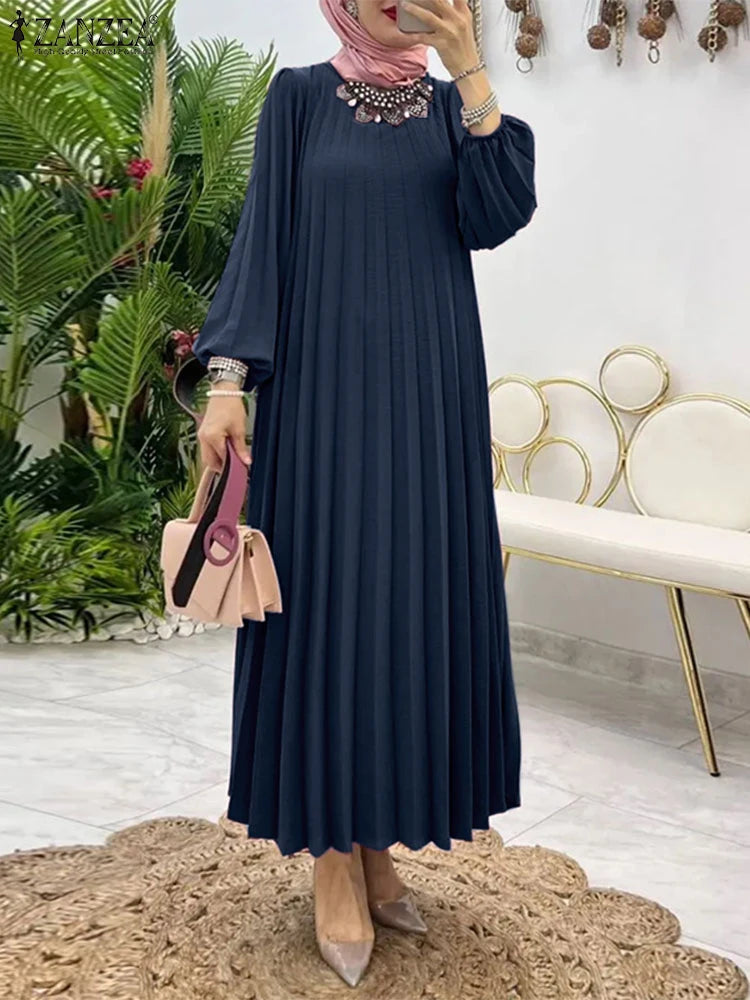 ZANZEA Women Muslim Fashion Dresses Elegant Long Lantern Sleeve Loose IsIamic Vestidos Kaftan Solid Pleated Sundress Robe Femme