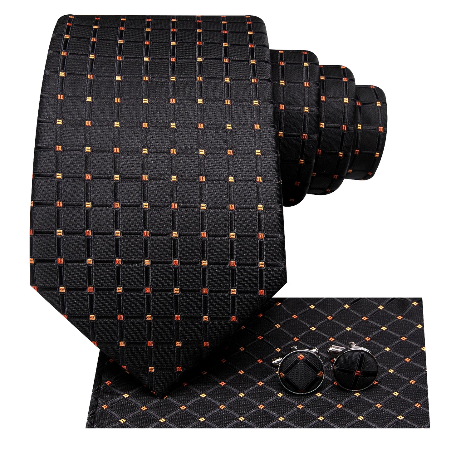 Hi-Tie Fashion 8.5cm Black Plaid Dots Men's Elegant Tie Handkerchief Cufflinks Set Wedding Party Accessories Gift for Men Gravat