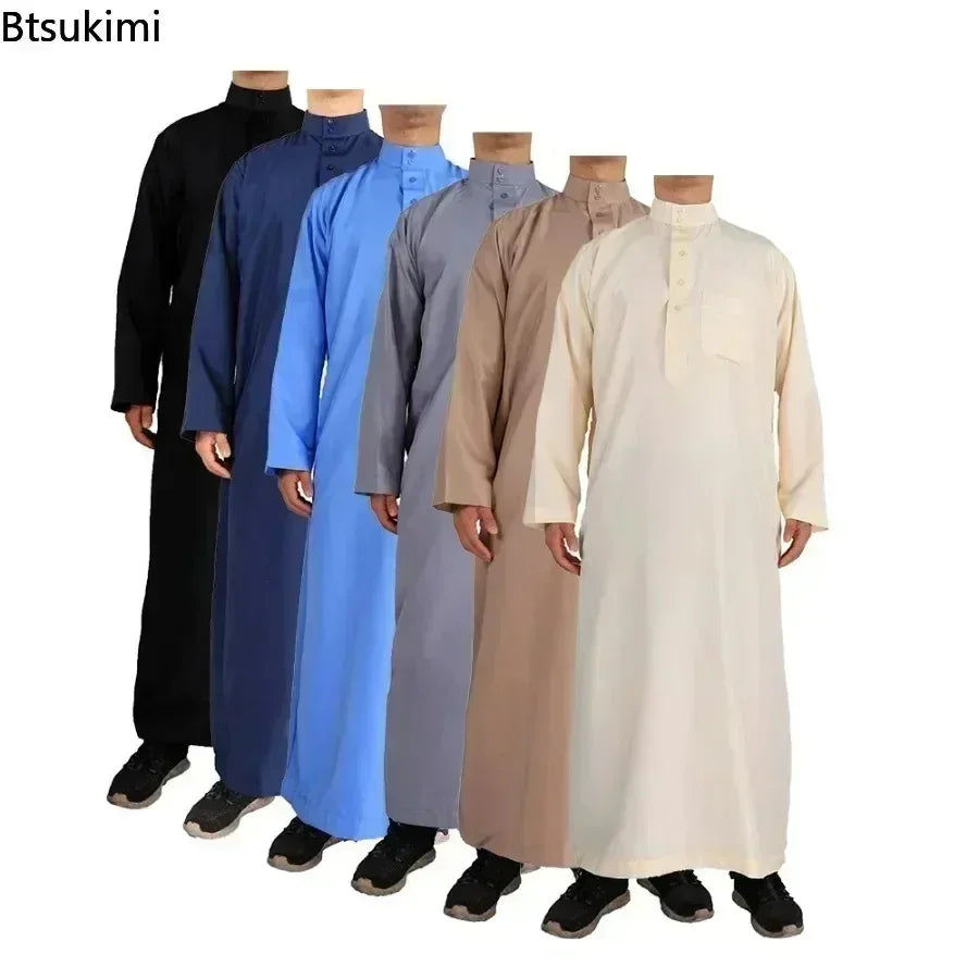 2026 Muslim Fashion Abayas Men's Solid Color Crew Neck Jubba Thobe Saudi Arabic Kaftan Robe Mid East Male Clothing Caftan Homme