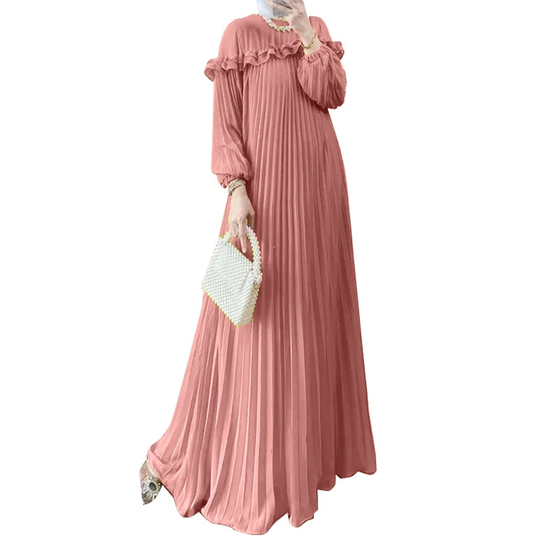 ZANZEA Elegant Hijab O Neck Maxi Dress Pleated Women Solid Muslim Islamic Abaya Robe Lantern Sleeve Casual Ruffles Vestidos