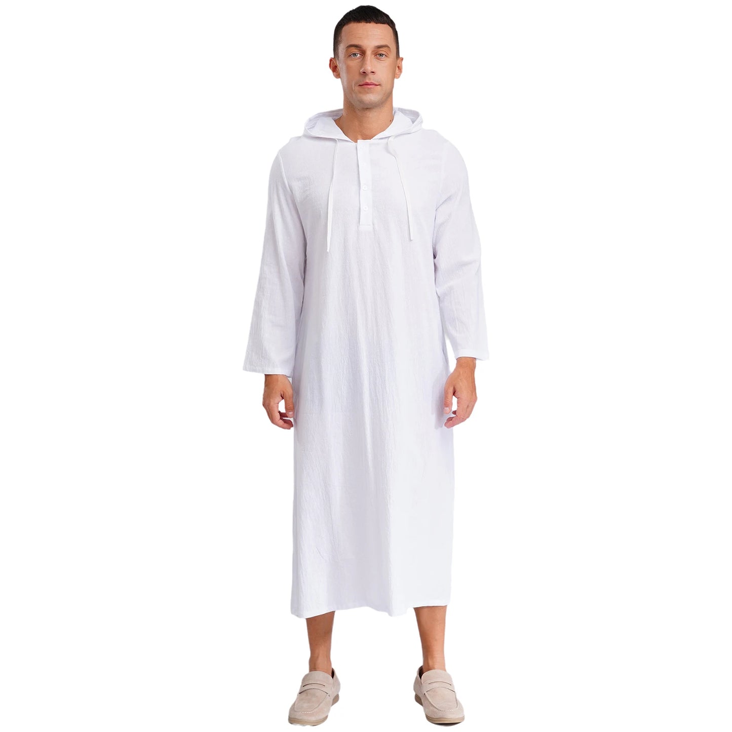 Mens Jubba Thobes Linen Muslim Robe Hooded with Pockets Middle East Islam Arabic Moroccan Kaftan Eid Prayer Long Robe Dress