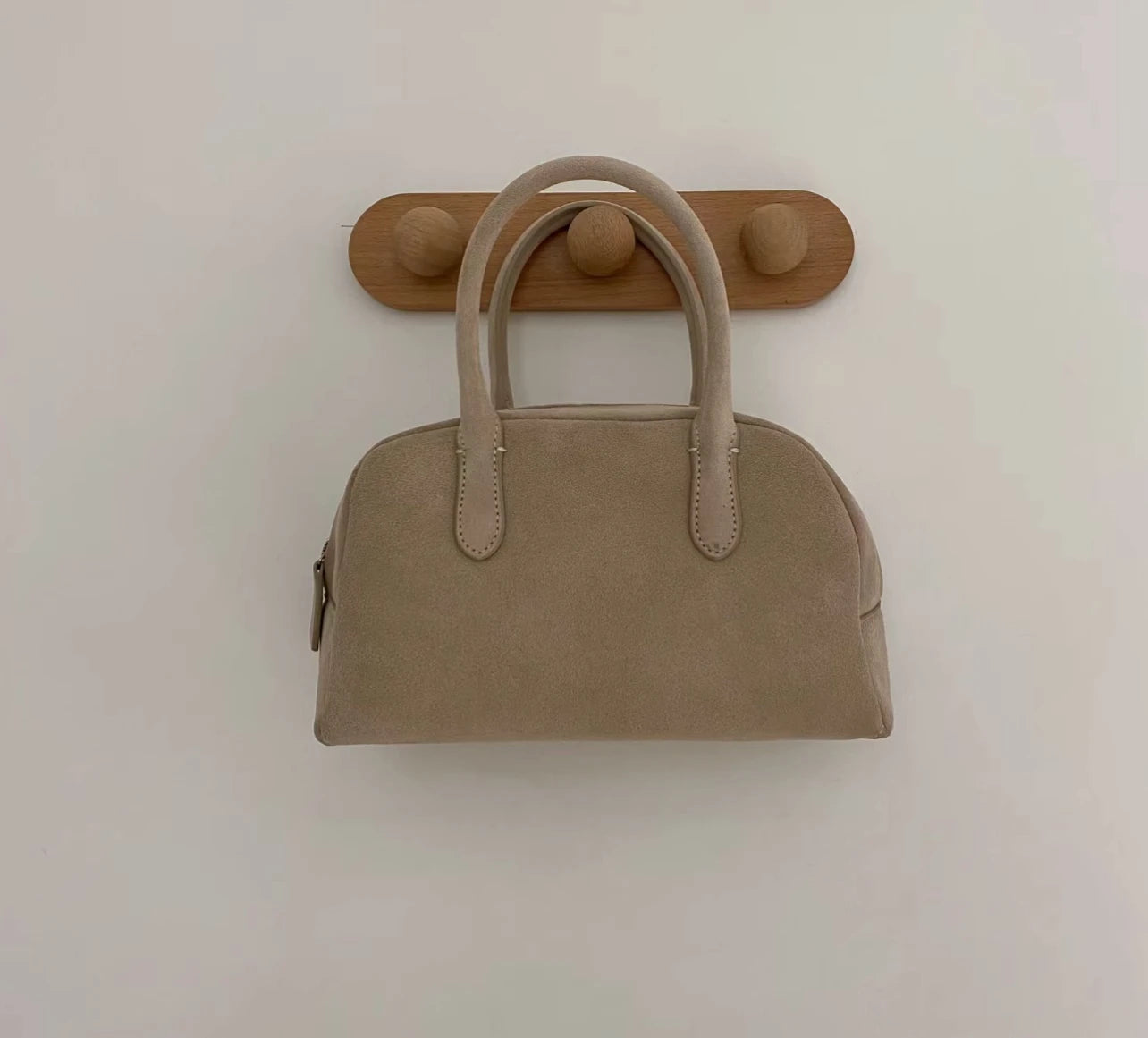 Nothingwritten Suede Leather Bowling Bag Handheld Boston Bag Women's Handbag Korean Sle Hard Handle Canvas  Zipper Cl...