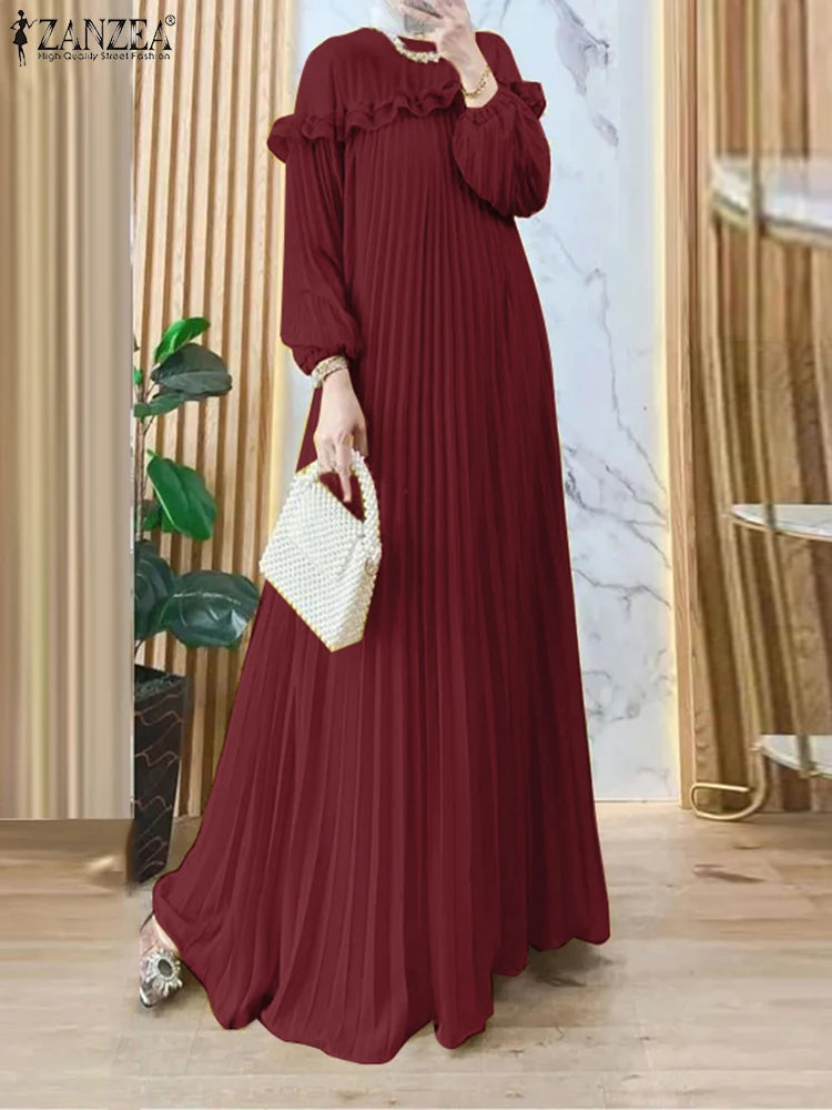 ZANZEA Elegant Hijab O Neck Maxi Dress Pleated Women Solid Muslim Islamic Abaya Robe Lantern Sleeve Casual Ruffles Vestidos
