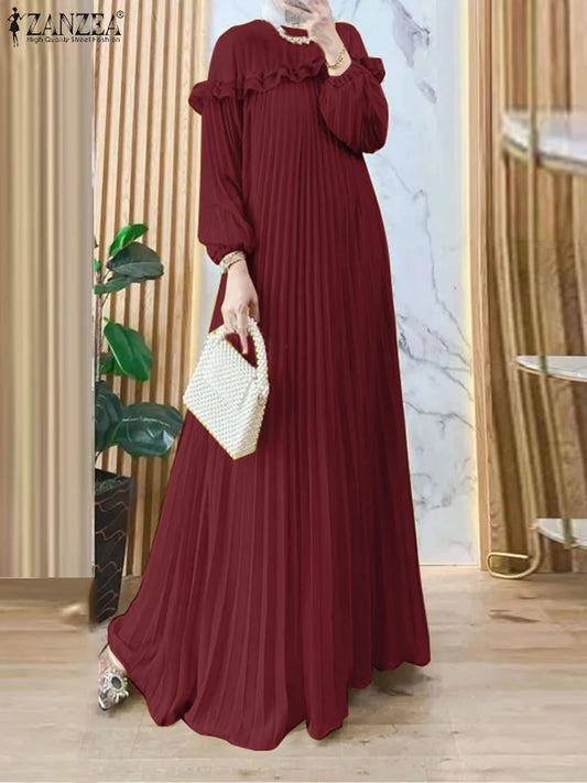 ZANZEA Elegant Hijab O Neck Maxi Dress Pleated Women Solid Muslim Islamic Abaya Robe Lantern Sleeve Casual Ruffles Vestidos