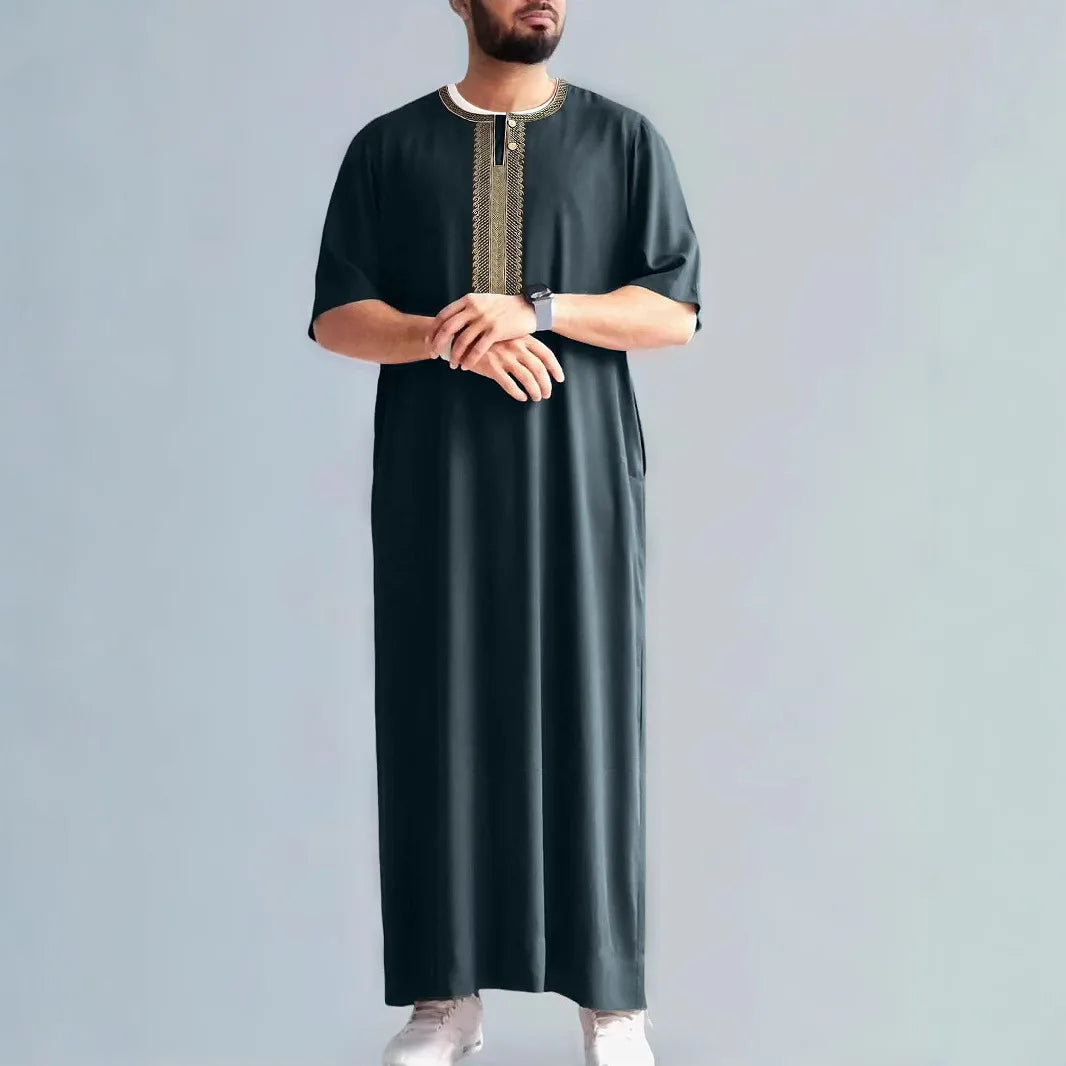 2026 New Men's Muslim Thobe Mid Long Sleeve Arab Ethnic Retro Vintage Loose Fit Islamic Robe Abaya Dubai Saudi Ramadan Eid
