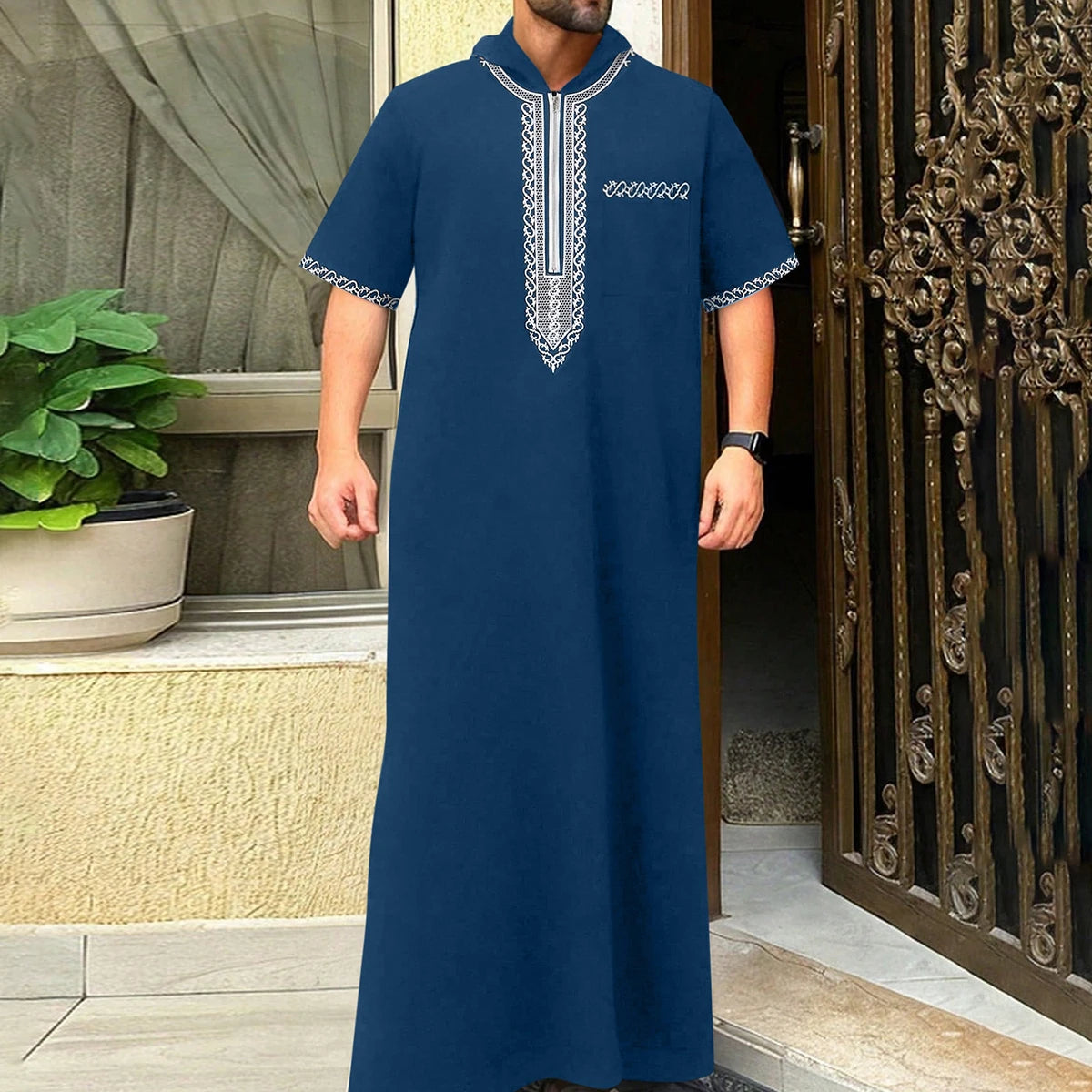 Moroccan Men's Thobe Short-Sleeved Embroidered Hood MuslimIslamicLooseJelleba Abaya - New Edition