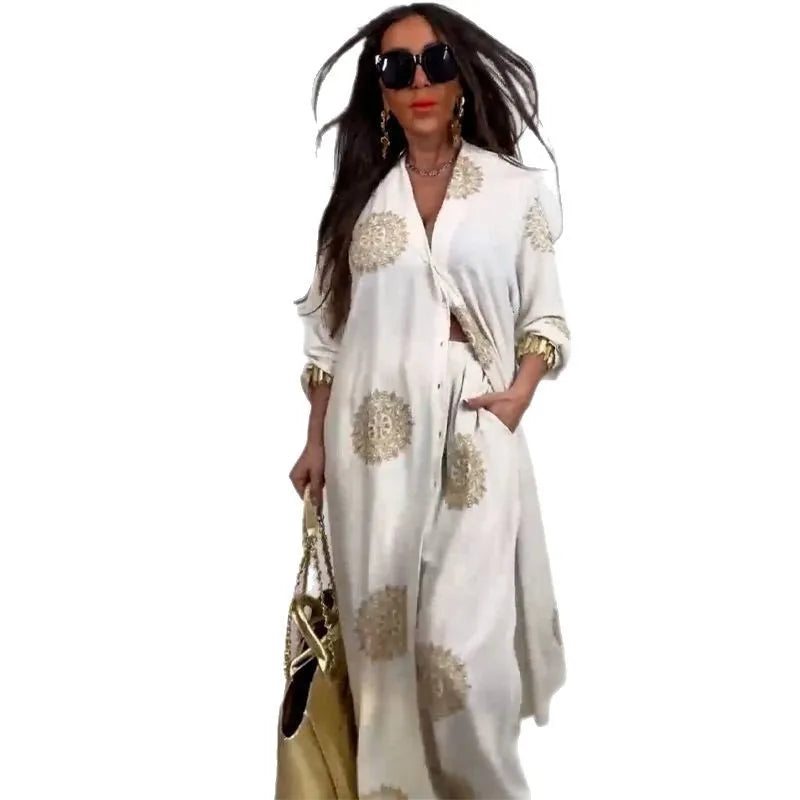 Long Coat 2 Piece Set Women Print Cardigan Wide Leg Pants Suit Ramadan Muslim Morocco Ensemble Dubai Islam Casual Arabic Outfits