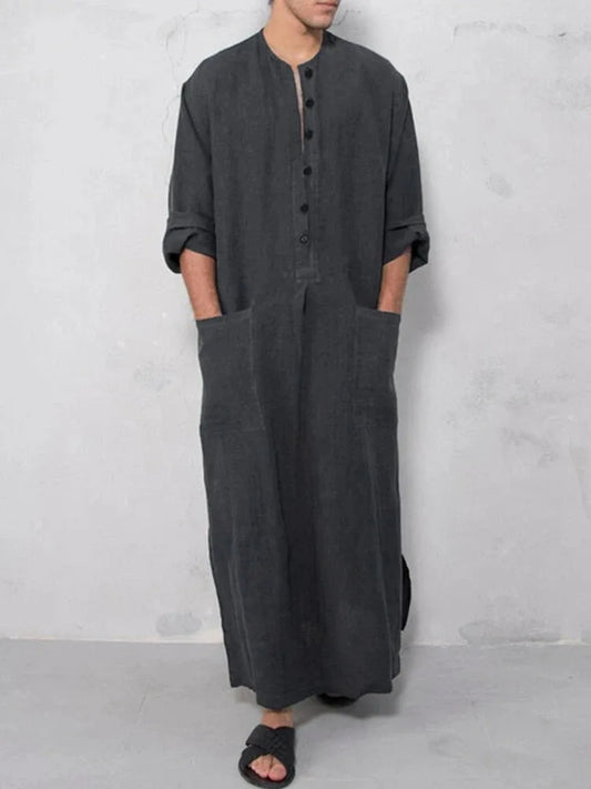 New Arrival Button Muslim Jubba Thobe For Men Islam Kaftan Abaya Pakistan Saudi Arabia Djellaba Long Sleeve Loose Dress MY950