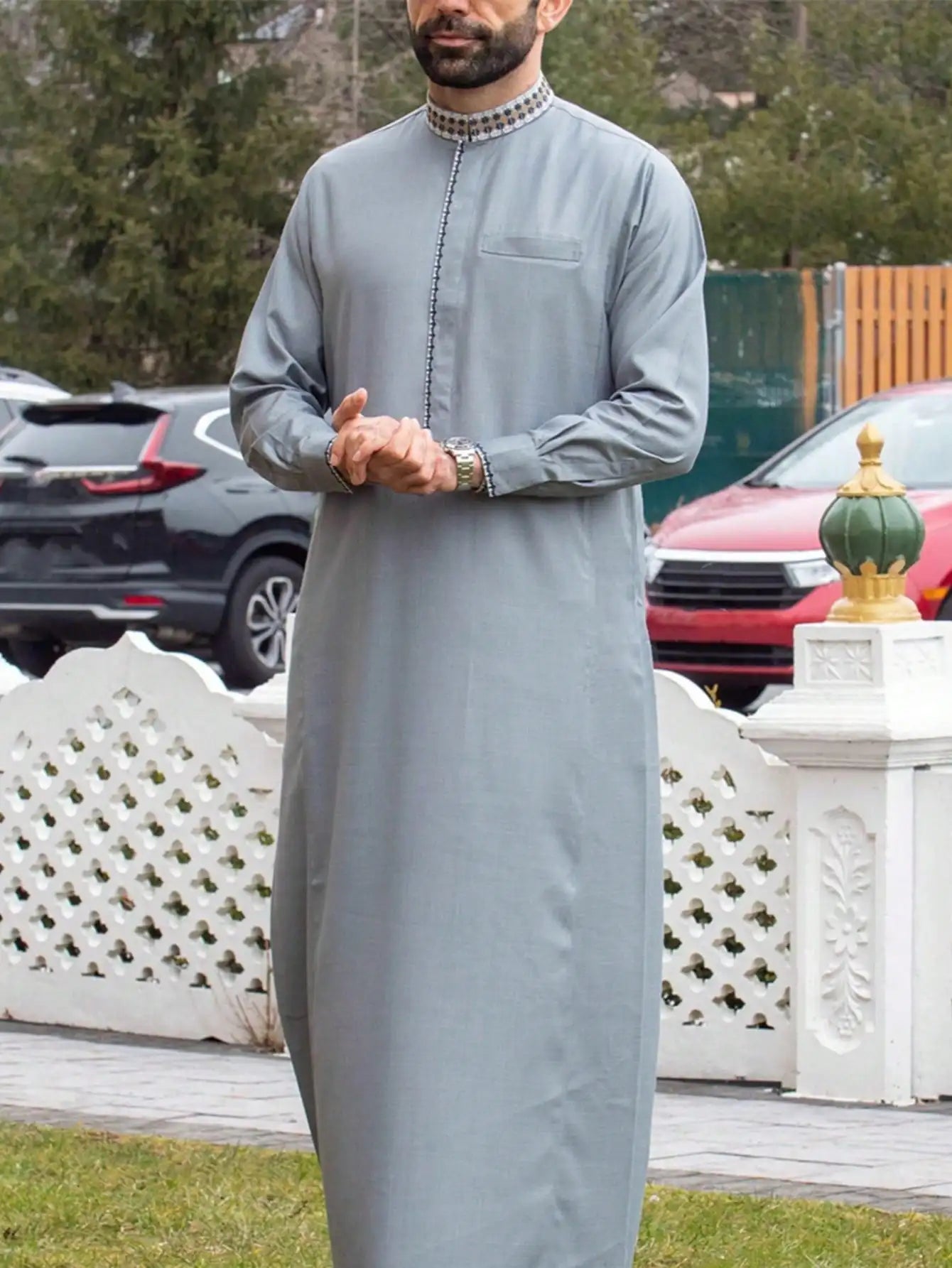 Arab Muslim Men's Robe  Ethnic Style Embroidered Moroccan Style Casual Traditional Islamic Thobe Long Dress Prayer Gown