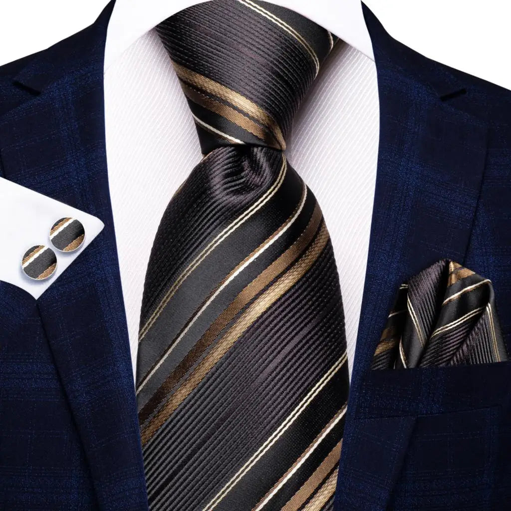 Hi-Tie Men Fashion Striped Navy Blue Necktie Handkerchief Cufflinks for Tuxedo Accessory Classic Silk Luxury Tie for Man Gift