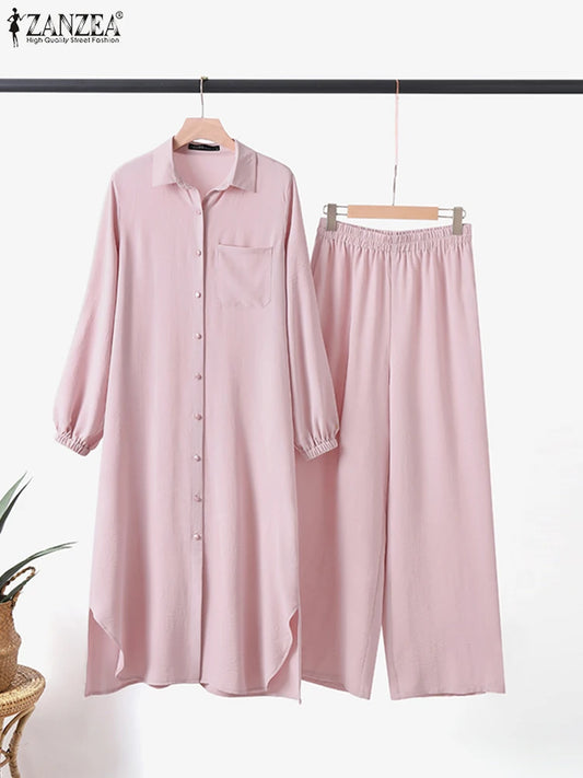ZANZEA Vintage Muslim Suit Solid Color Lapel Neck Long Sleeve Blouse Pant Ramadan Islamic Clothing Fashion Casual Turkey Outifit