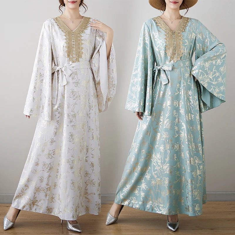 Middle East Ethnic Long Robe V-Ne Gold Emed New Sle Dr Tang Suit Waist Belt Mid-Length Skirt High Quali Ele ...