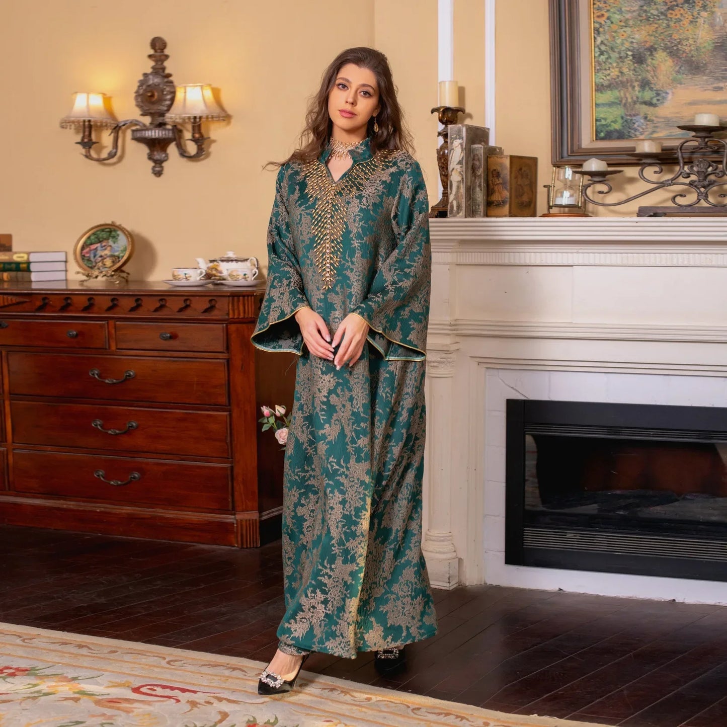 Eid Muslim Dress for Women Abaya Beading Stand Collar Jalabiya Morocco Party Dresses Abayas Kaftan Abaya Vestidos Arab Long Robe
