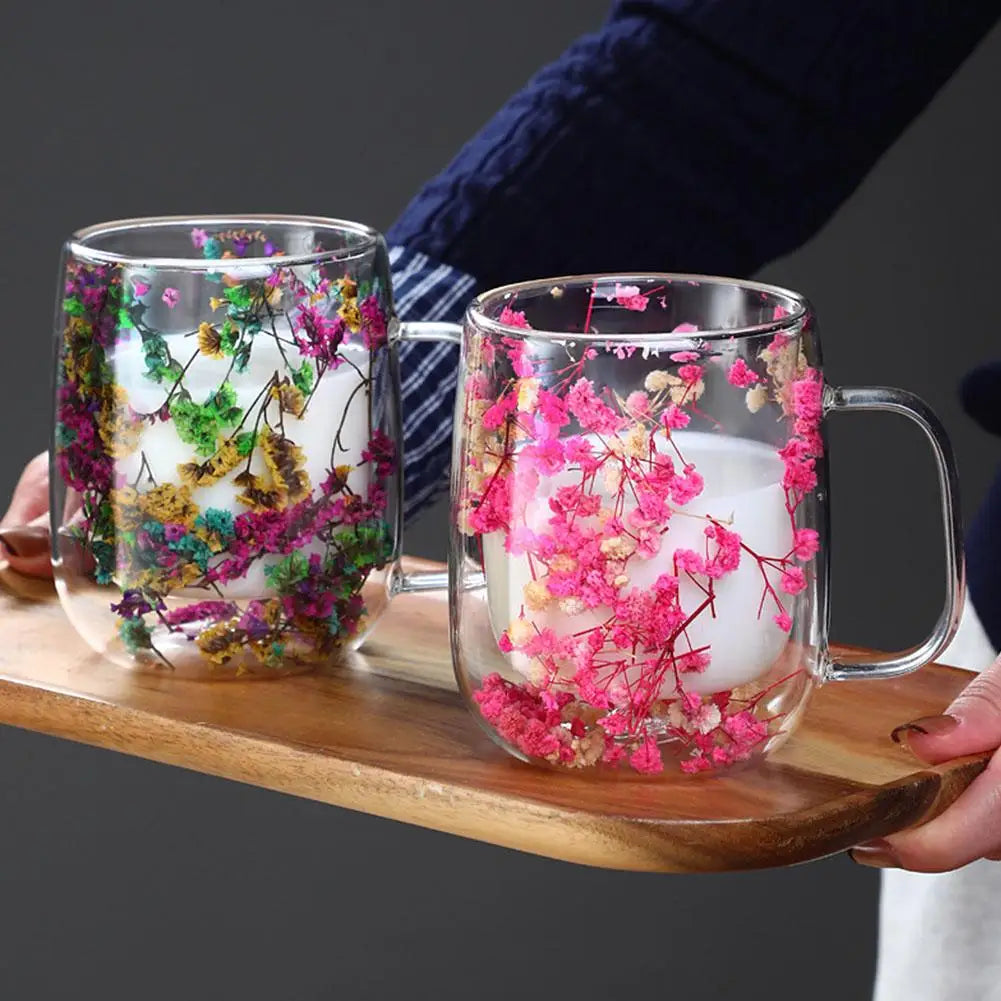 Double Walled Glass Mugs Double Wall Dried Flower Cup For Coffee Heat Resistant Dried Flower Double Wall Glass Mug For Cold