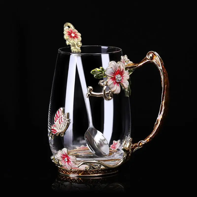 Beautiful Flower Tea Glass Mug Enamel Coffee Cup and Mug for Hot and Cold Drinks Home Tea Cup Spoon Set Perfect Gift for Mom