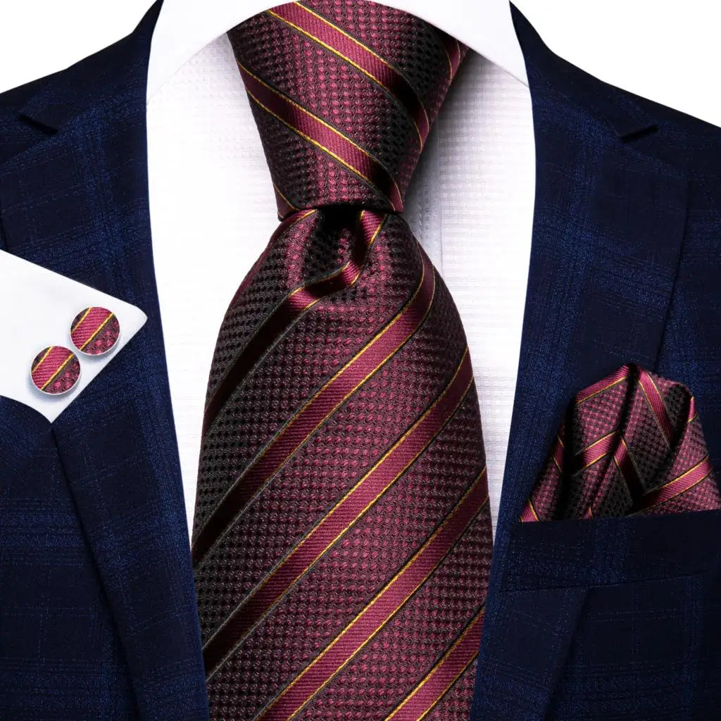 Hi-Tie Men Fashion Striped Navy Blue Necktie Handkerchief Cufflinks for Tuxedo Accessory Classic Silk Luxury Tie for Man Gift