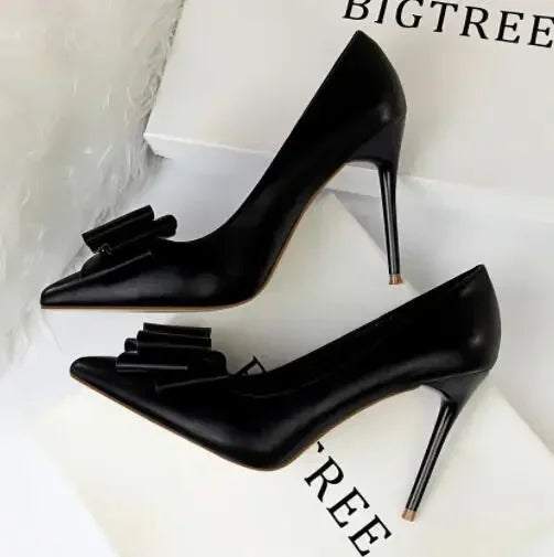 2025 Fashion Delicate Sweet Bowknot High Heel Shoes Side Hollow Pointed Women Pumps Pointed Toe 10.5CM thin Dress Shoes