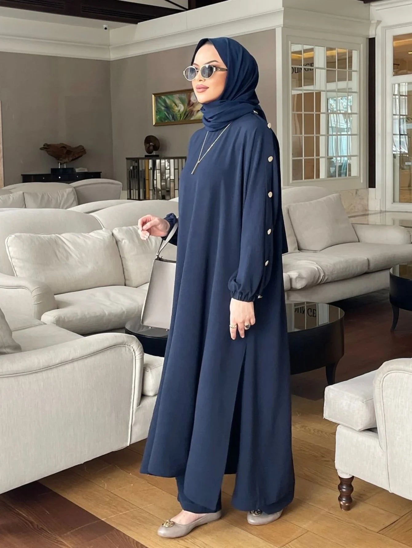 Blouse 2 Piece Set Muslim Set Dress Women Long Sleeve Abaya Shirt Wide Leg Pant Suits Arabic Dubai Dresses Musulman Ensembles