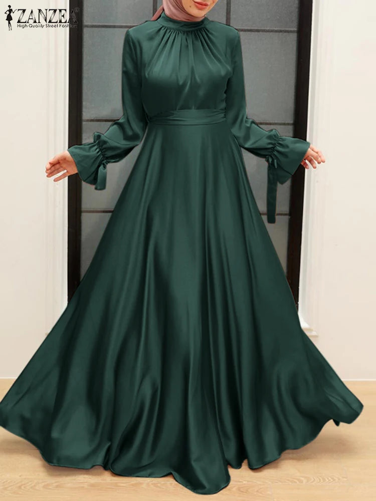 Elegant Muslim Dress Abaya Women Long Dress 2025 ZANZEA Long Sleeve Satin Party Sundress Robe Femme Turkey Hijab Vestidos Kaftan