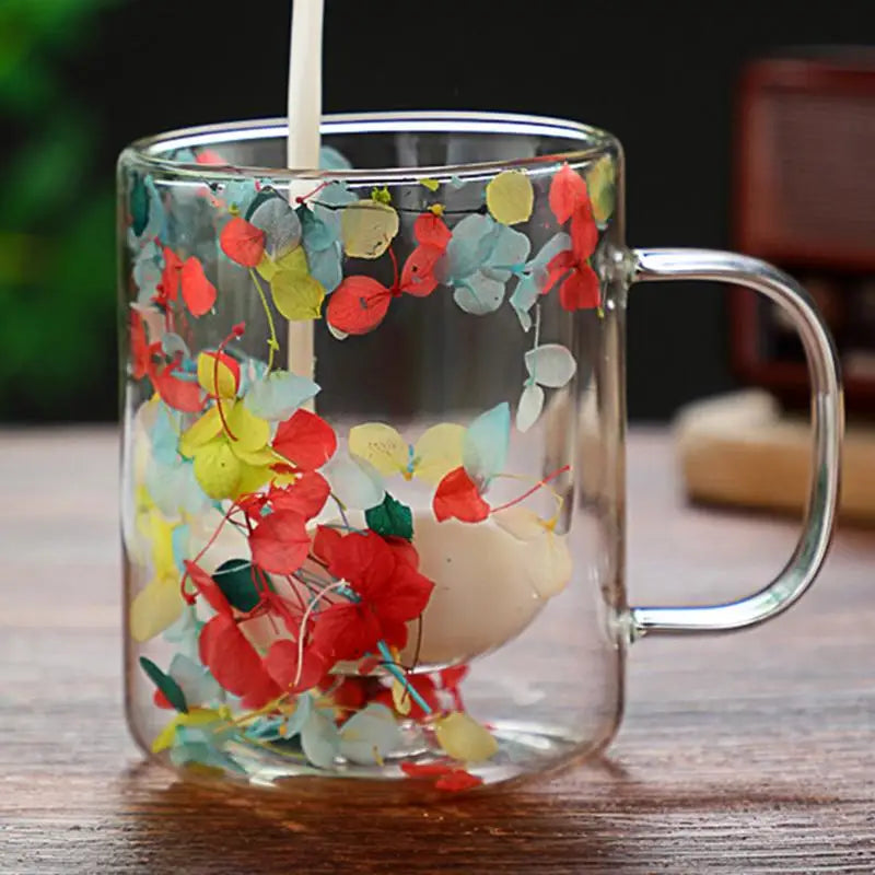 250ml Double Wall Glass Coffee Mug Dried Flowers Heat-Resistant Glasses Cup Flower Glass Mug Flower Decorated Coffee Cup tea cup