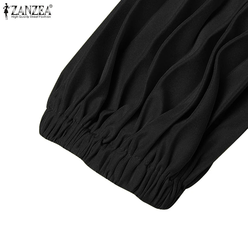 ZANZEA Elegant Hijab O Neck Maxi Dress Pleated Women Solid Muslim Islamic Abaya Robe Lantern Sleeve Casual Ruffles Vestidos