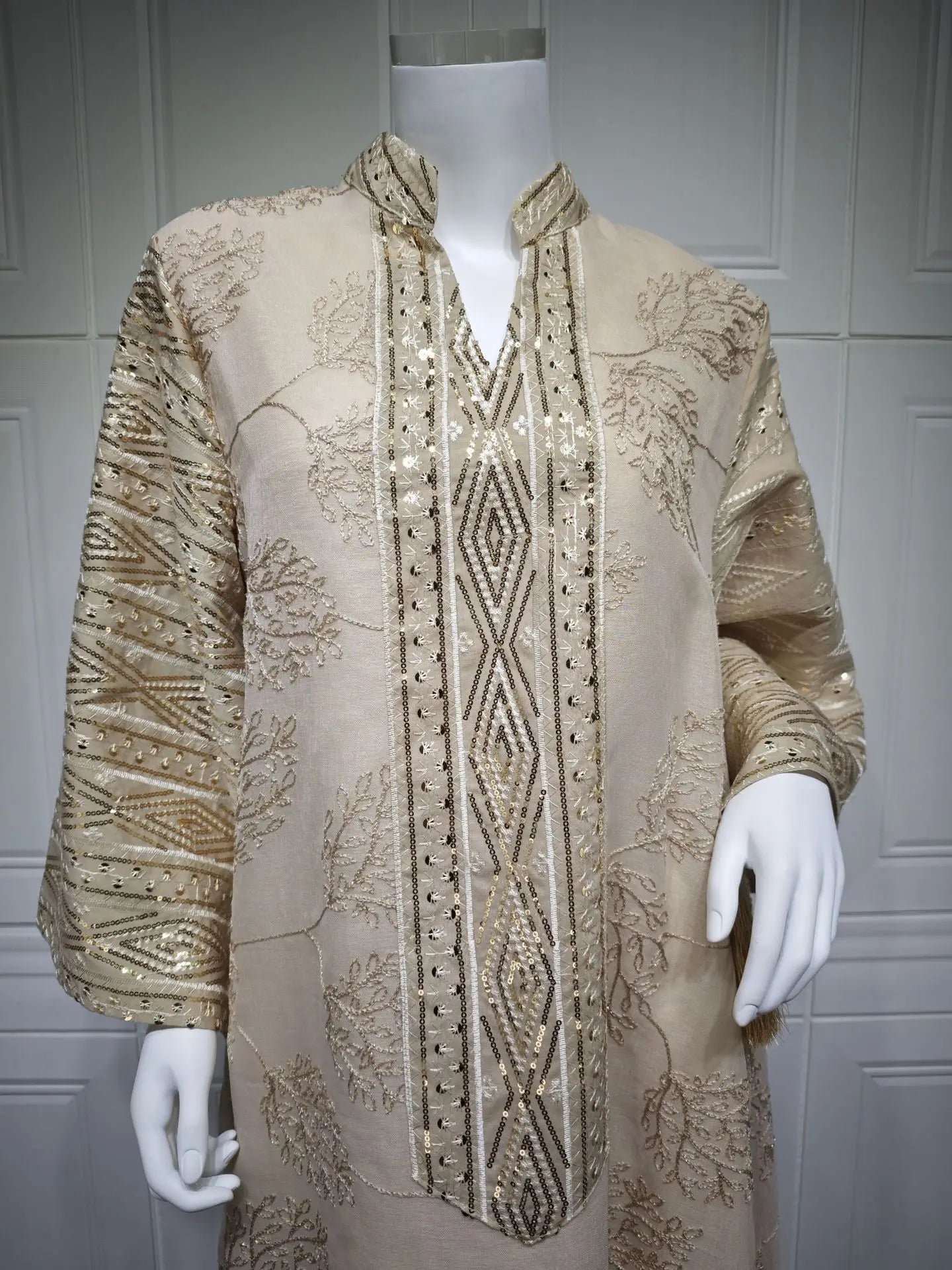 Muslim Women's Light Blue Islamic Embroidered Abaya with Gold Detailing Ideal for Formal Events in Middle East like UAE Saudi