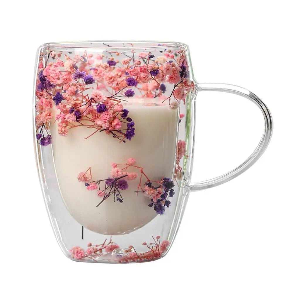 350ml Dried Flower Double Walled Glass Mug Cup Coffee Mug with Dry Flowers Decorative Creative Flower Mug Double Wall Flower Cup
