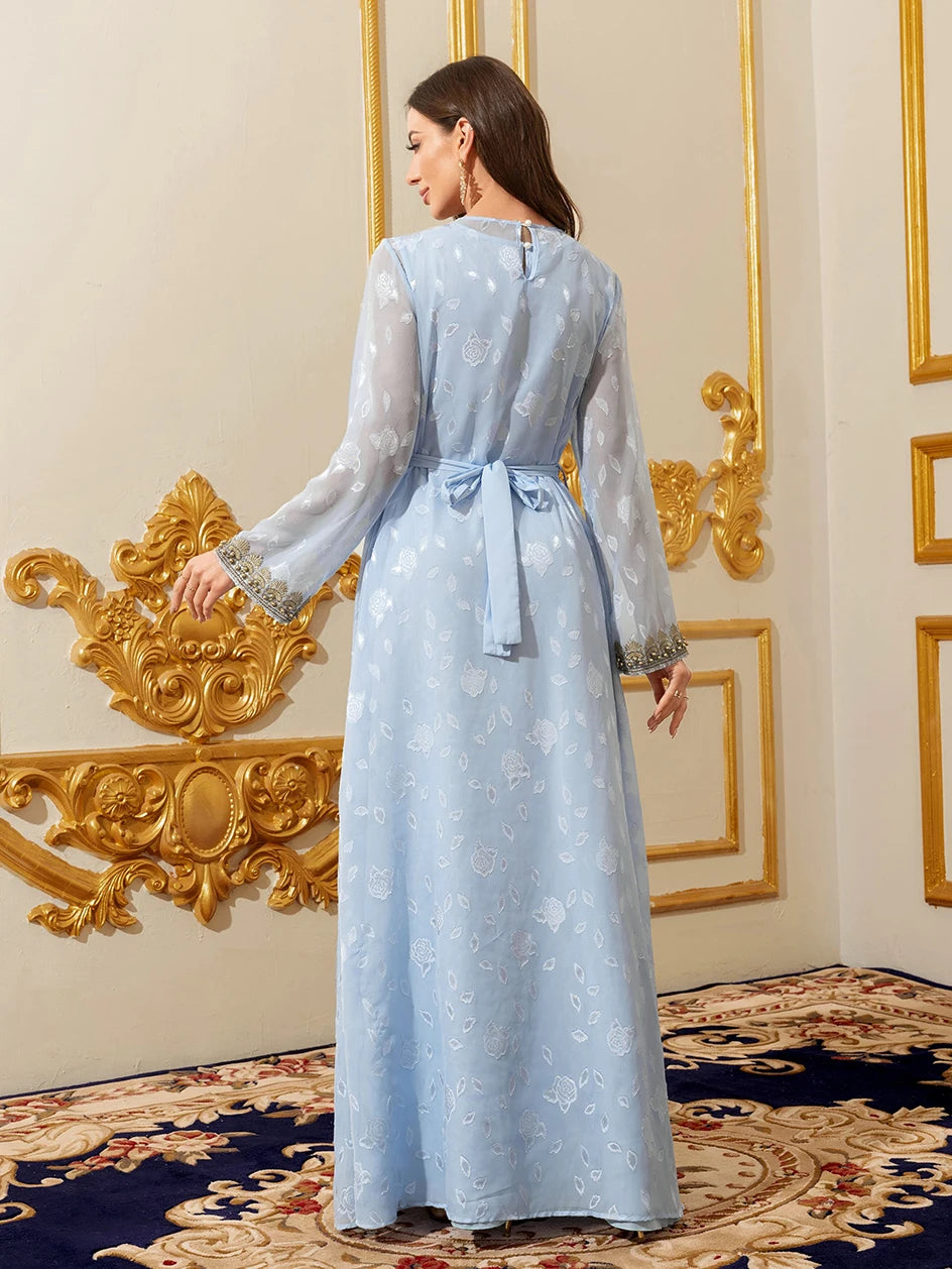 Muslim Abayas Moroccan Floral Maxi Kaftan Dress for Women Arabic Islamic Dubai Robe Ramadan Prayer Clothing