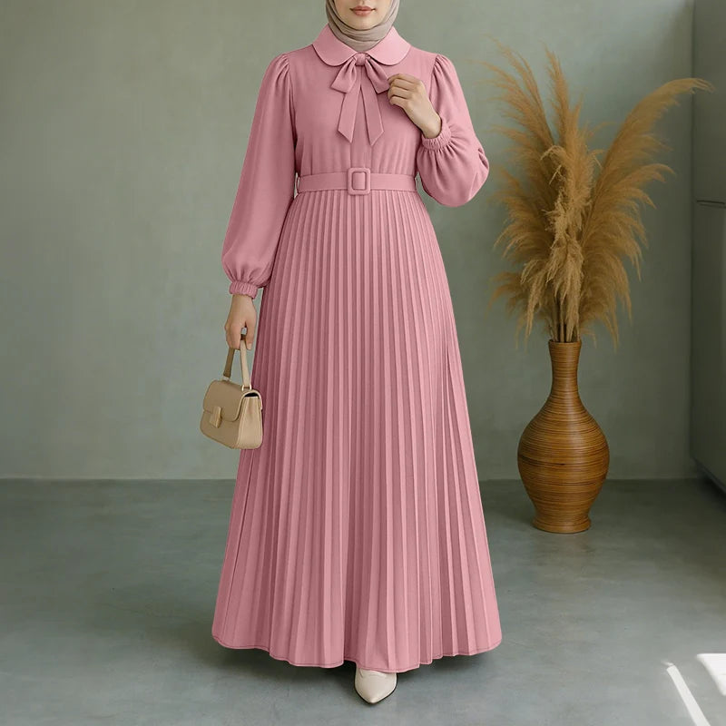 Elegant Muslim Dress Abaya ZANZEA Women 2025 Autumn Dresses Long Lantern Sleeve Pleated Sundress Belted Robe Femme Party Vestido