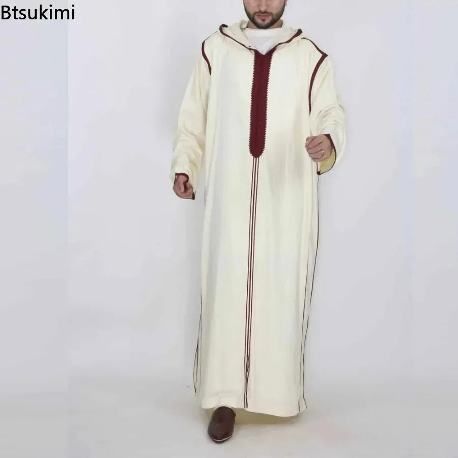 2026 Men's Muslim Thobe Middle East Jubba Thobe Long Sleeves Islamic Robe Men Muslim Dress Saudi Arabic Hooded Thobe Abaya Male