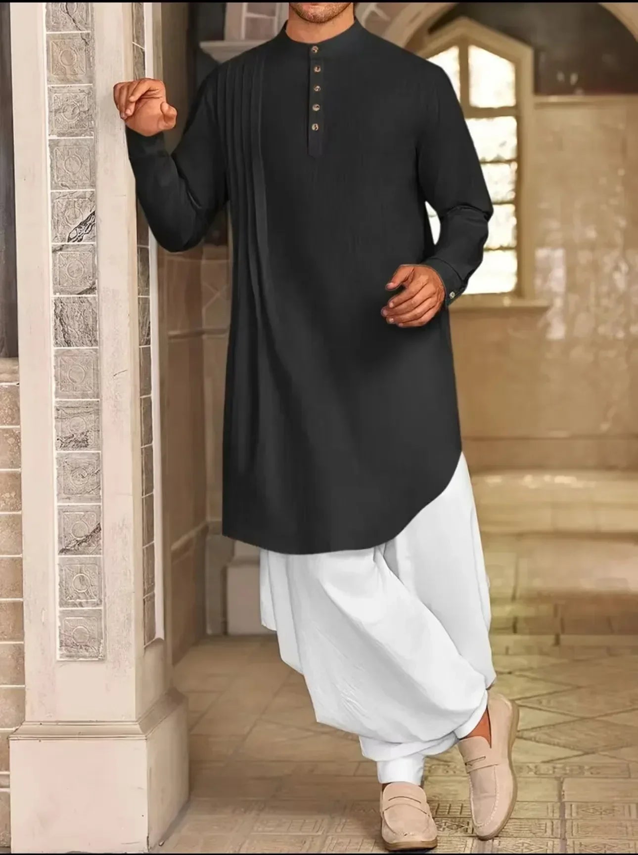 2025 New Muslim Middle East Arab Malaysia Men's Button Cotton Line Shirt Muslim Robe