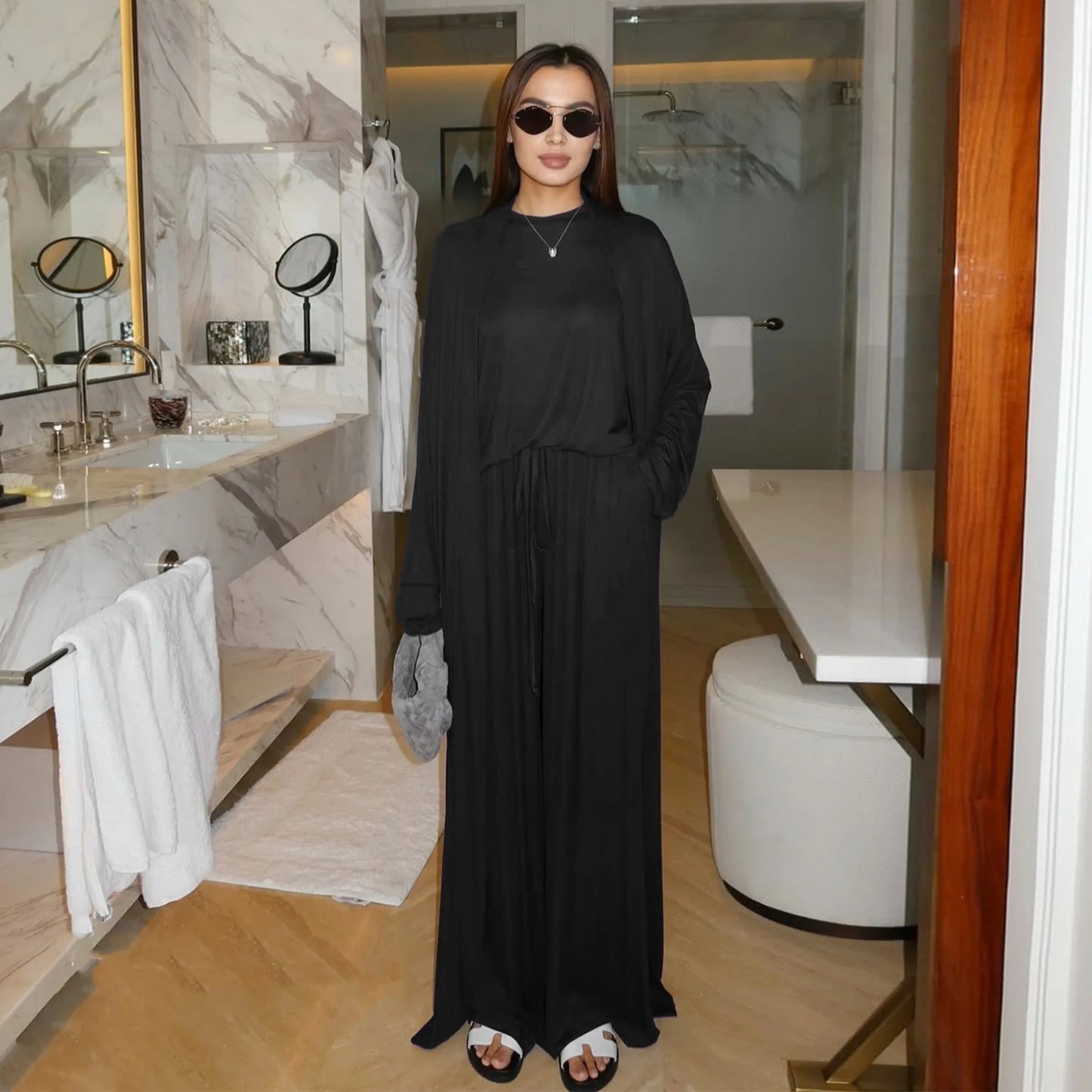 Muslim 3 Piece Set Women Cardigan Shirt Wide Leg Pant Blouse Top Suit Musulman Ensemble Dubai Casual Femme Outfits Solid Casual