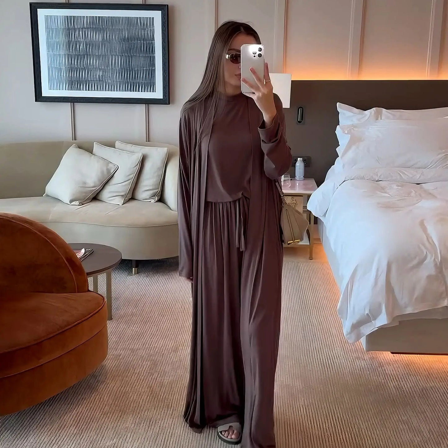 Muslim 3 Piece Set Women Cardigan Shirt Wide Leg Pant Blouse Top Suit Musulman Ensemble Dubai Casual Femme Outfits Solid Casual