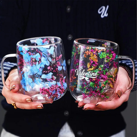 Double Walled Glass Mugs Double Wall Dried Flower Cup For Coffee Heat Resistant Dried Flower Double Wall Glass Mug For Cold