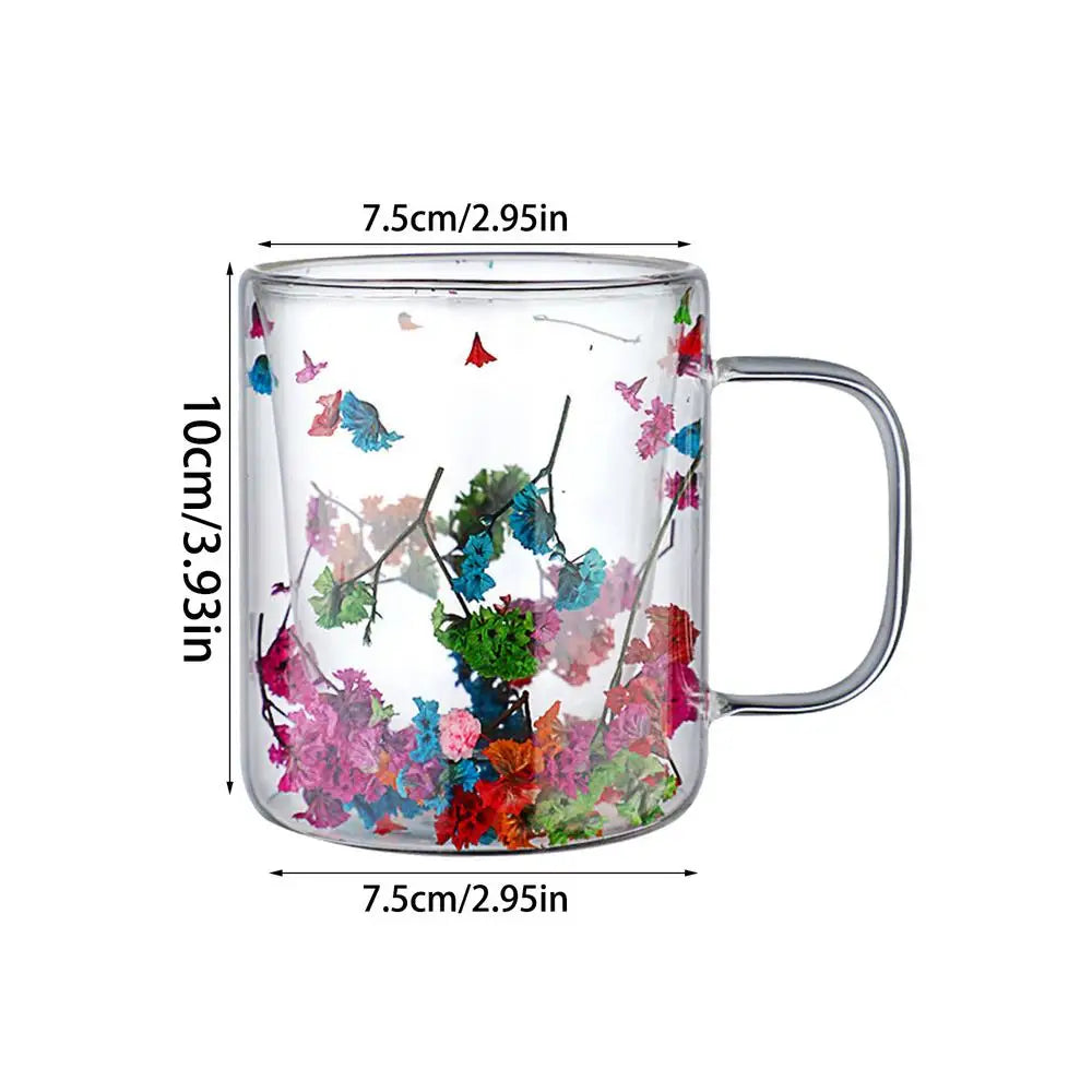 250ml Double Wall Glass Coffee Mug Dried Flowers Heat-Resistant Glasses Cup Flower Glass Mug Flower Decorated Coffee Cup tea cup