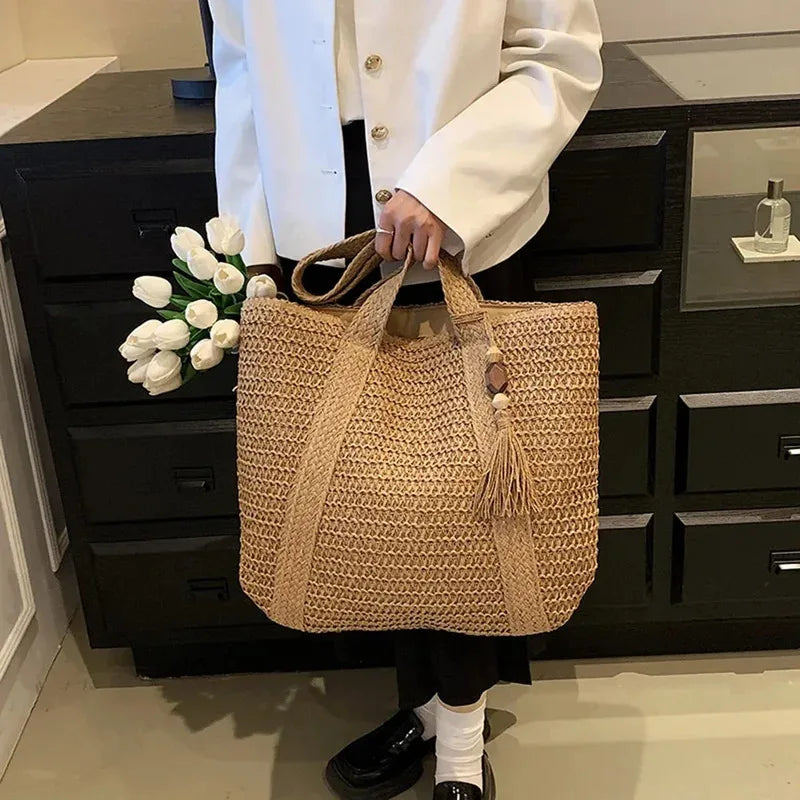 Straw Bag for Women Handmade Woven Shoulder Bag Large Capacity Tote Bags with Pendant Armpit Bag Top-handle Handbag Purse