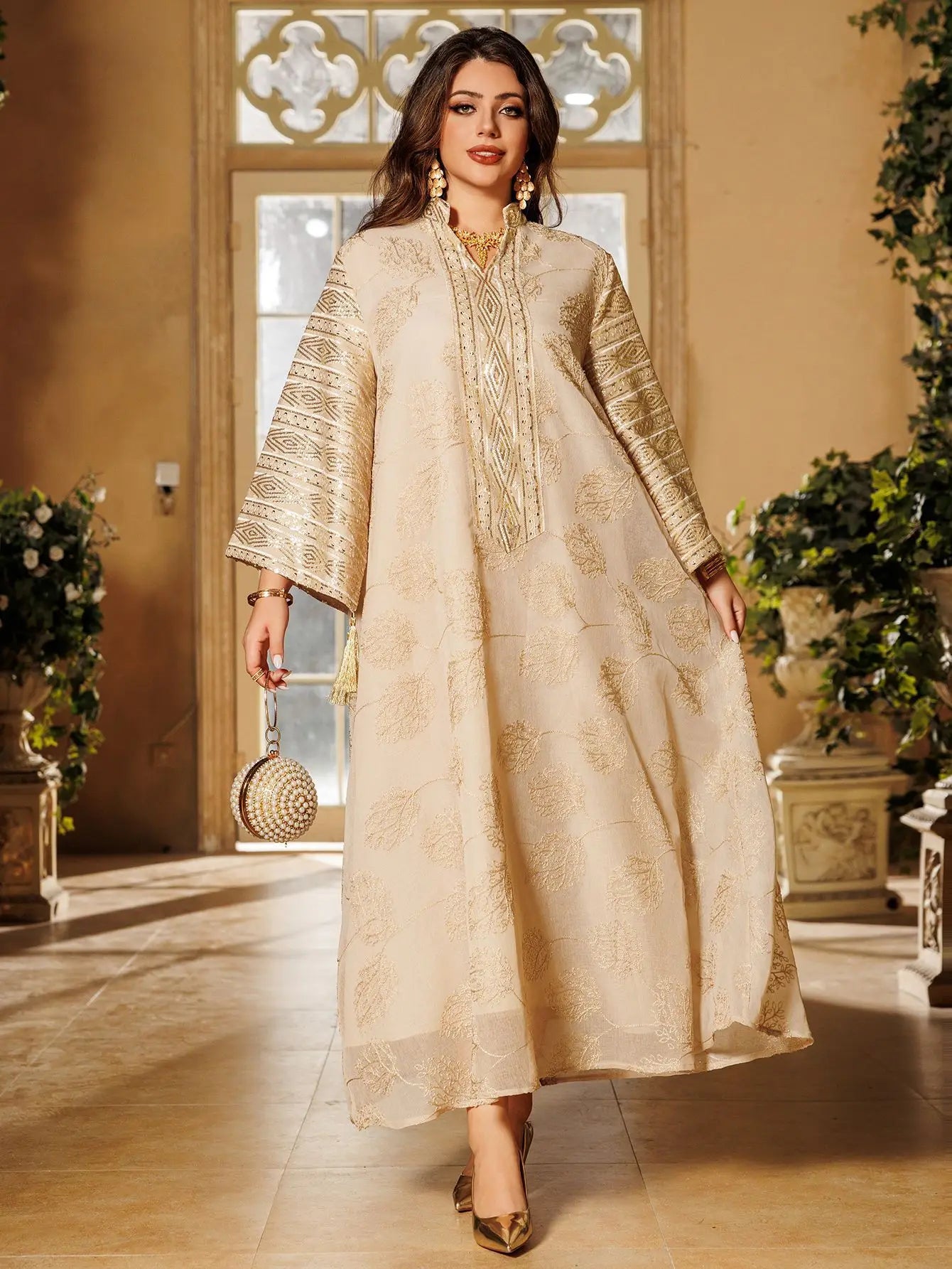 Muslim Women's Light Blue Islamic Embroidered Abaya with Gold Detailing Ideal for Formal Events in Middle East like UAE Saudi