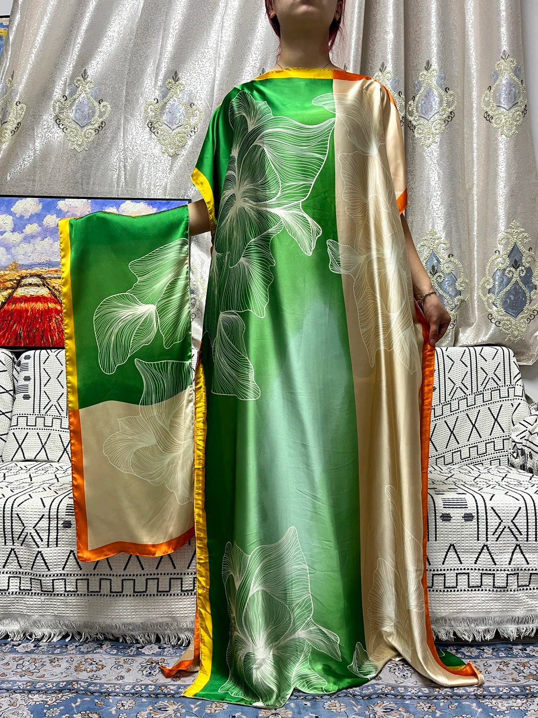Abayas For Women 2023 Printed Silk Soft Loose Femme Robe Muslim Summer Fashion Clothing African Islam Woman Dresses With Turban