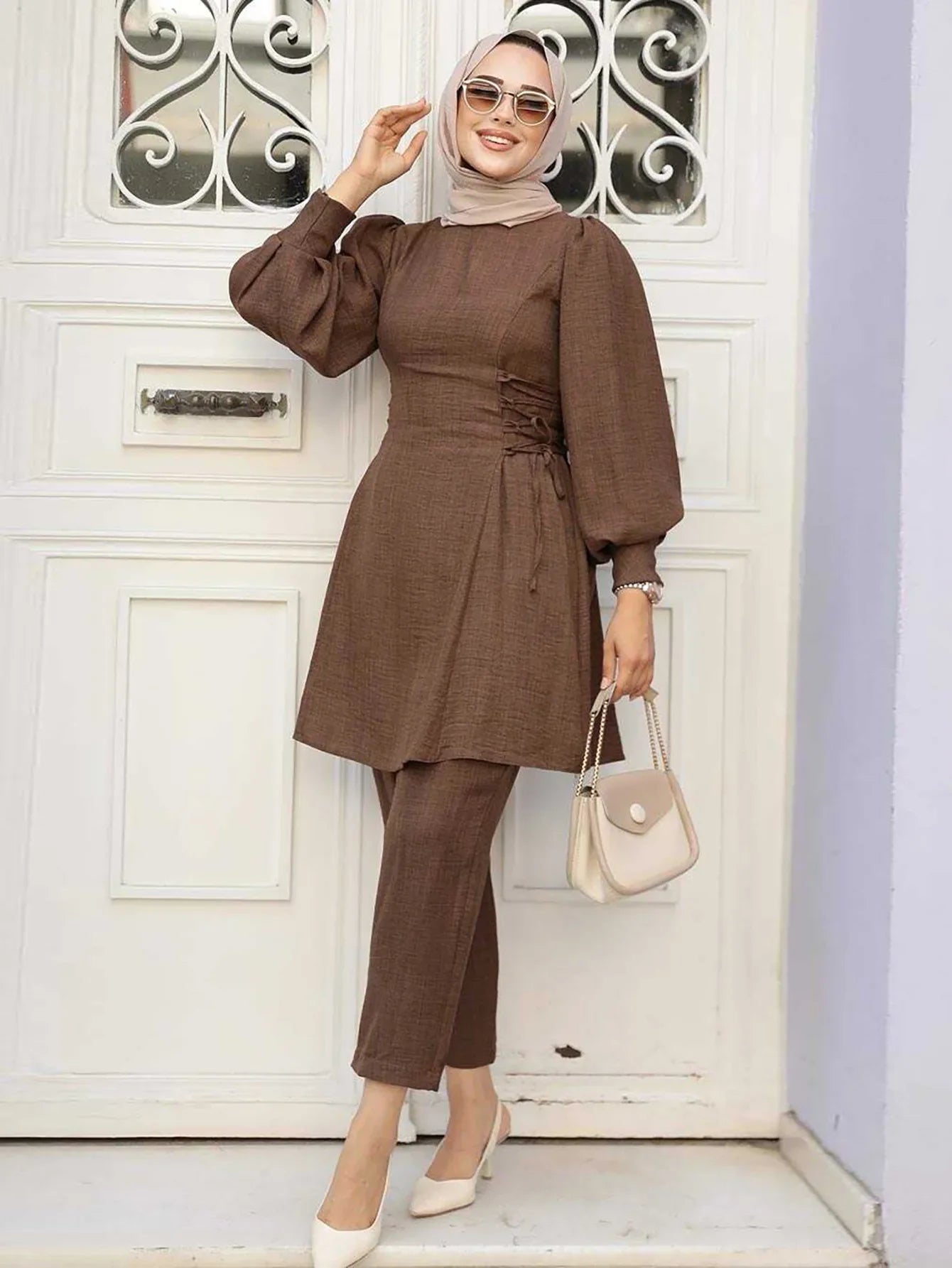 Muslim Women 2 Piece Set Women Lace Up Long Top Shirt Straight Pants Suit Ramadan Morocco Dubai  Ensemble Trousers Arabic Outfit