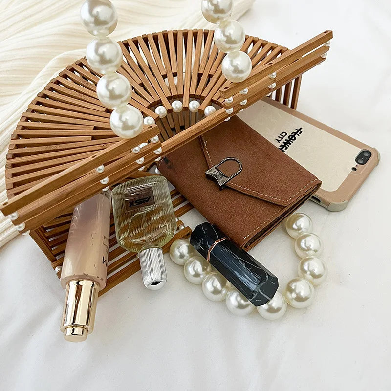 Handmade Fashion Bamboo Handbag Pearl Handle Design Elegant Women Hollow Out Beach Bag Vacation Women Straw Bag Female Bags