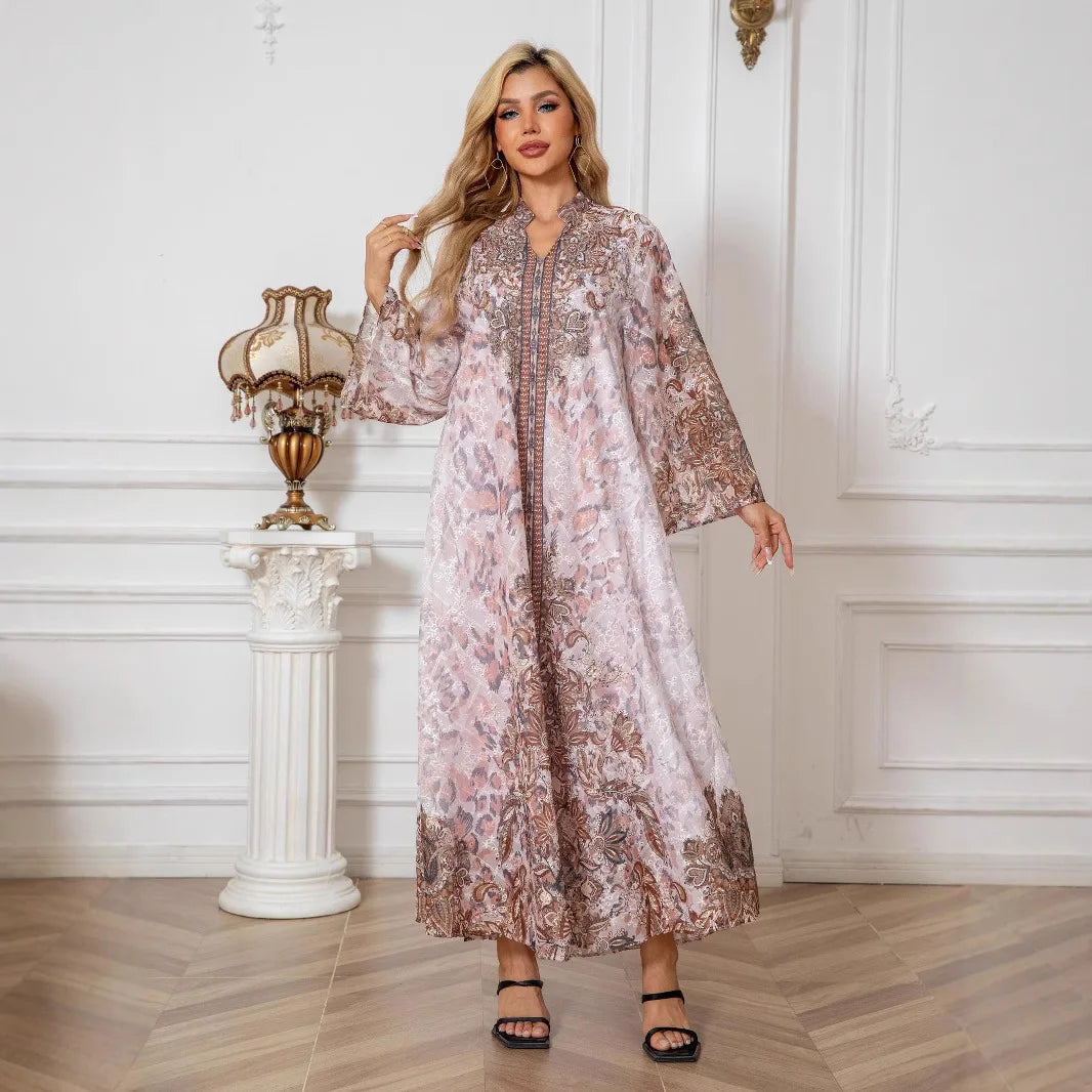 Embroidered Rhinestone Abaya Long Sleeve Modest Maxi Abaya Middle East Muslim Traditional Abaya Floral Glam Ramadan Kaftan