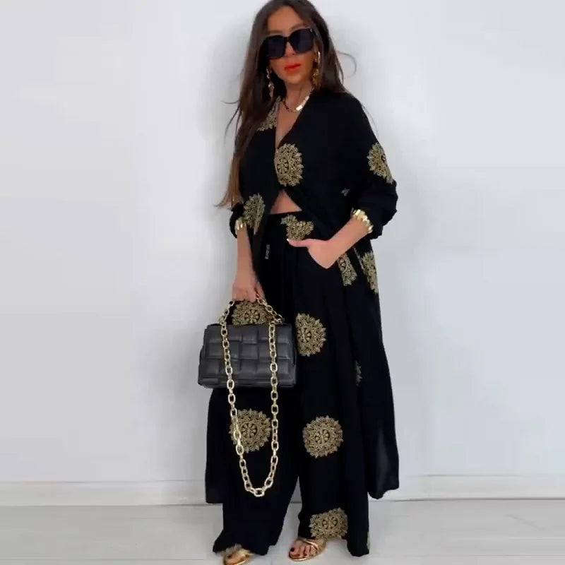 Long Coat 2 Piece Set Women Print Cardigan Wide Leg Pants Suit Ramadan Muslim Morocco Ensemble Dubai Islam Casual Arabic Outfits