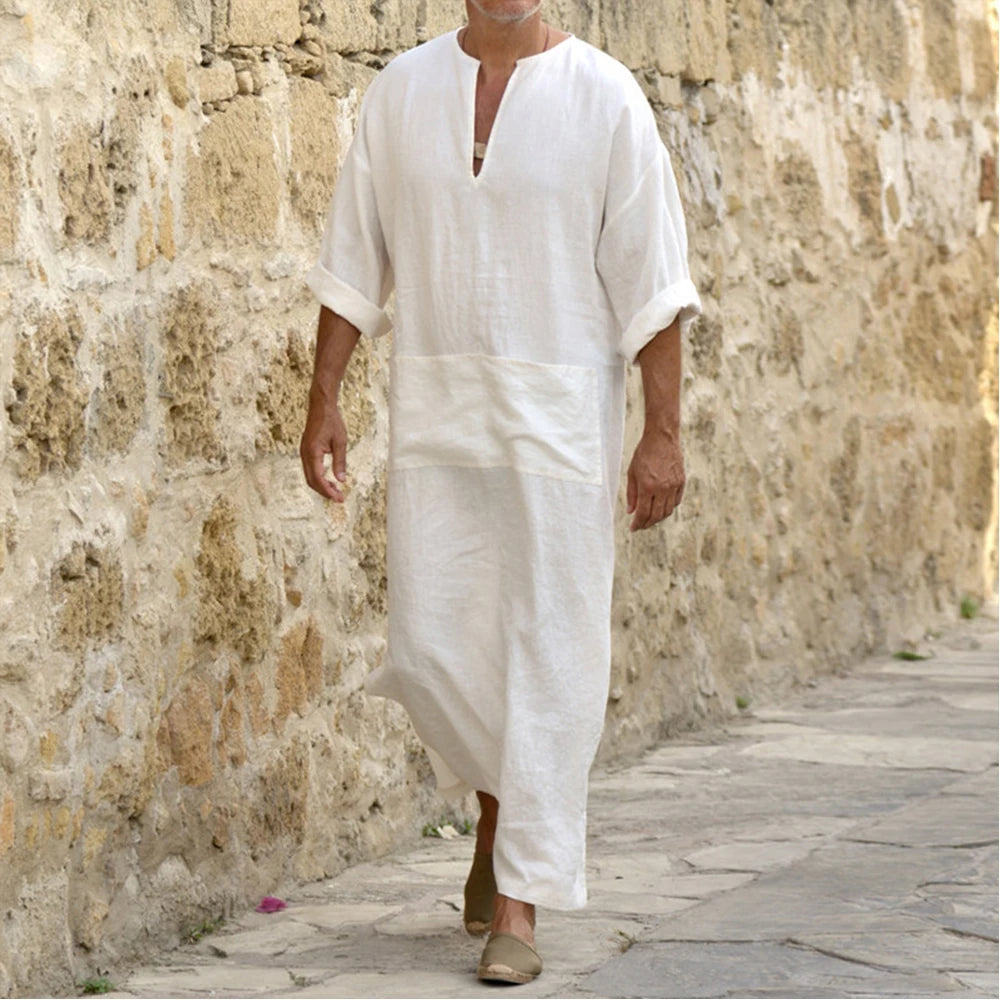 YUFEIDA Men Long Linen Jubba Thobe Kaftan Muslim Arab Islamic V-neck Long Sleeve Solid Cotton Linen Robe Muslim Arabia Man Abaya