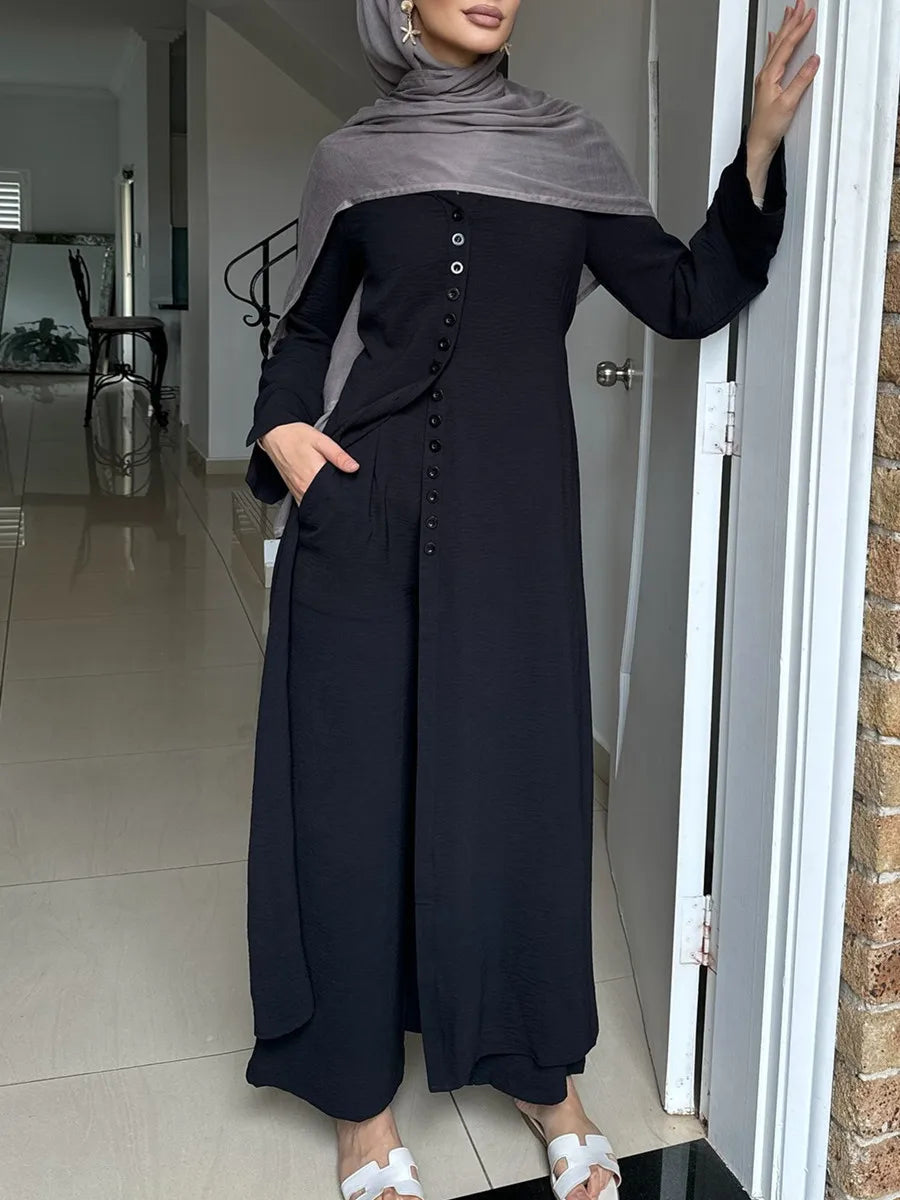 Muslim Dubai Türkiye Abayas For Women solid color Long Dresses buckle two-piece set Modest Ramadan Robe Femme Islam Clothing Set