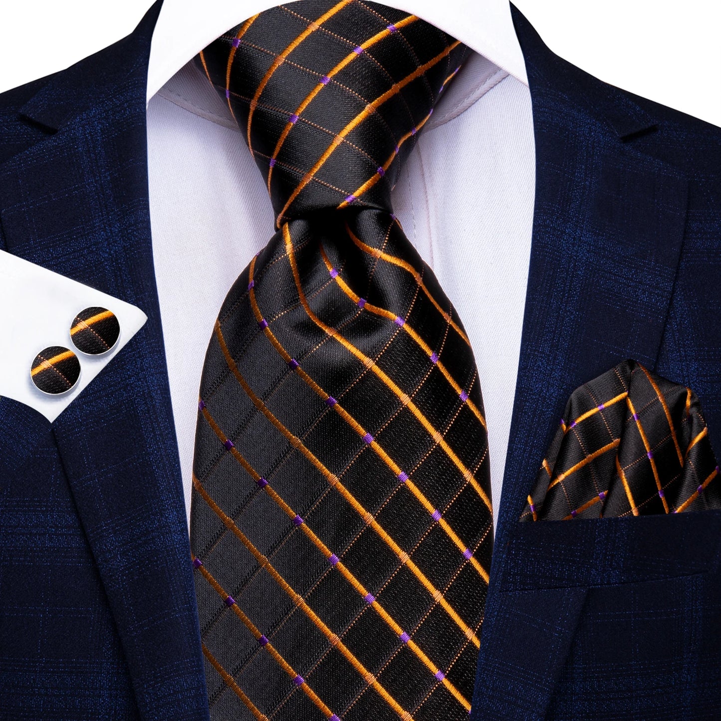 Hi-Tie Fashion 8.5cm Black Plaid Dots Men's Elegant Tie Handkerchief Cufflinks Set Wedding Party Accessories Gift for Men Gravat