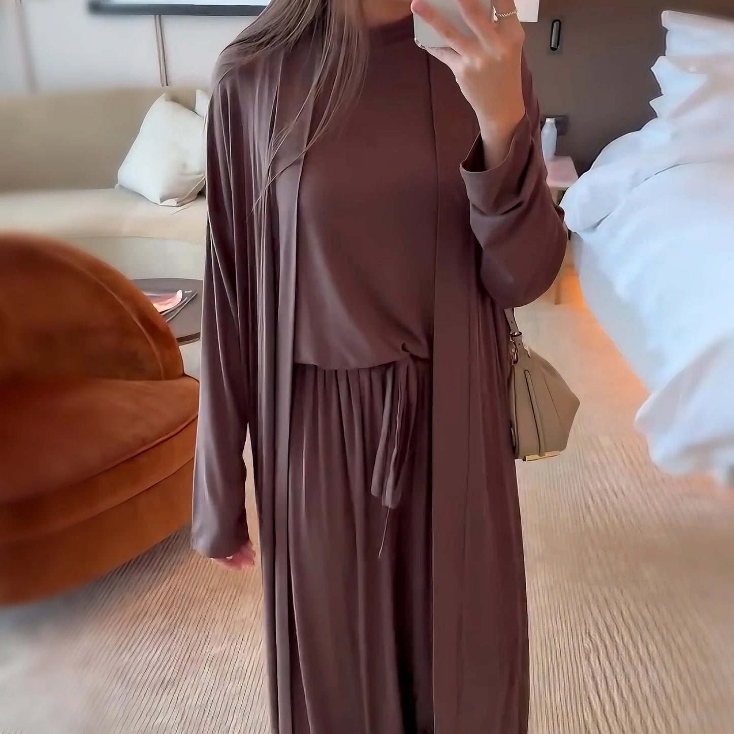 Muslim 3 Piece Set Women Cardigan Shirt Wide Leg Pant Blouse Top Suit Musulman Ensemble Dubai Casual Femme Outfits Solid Casual