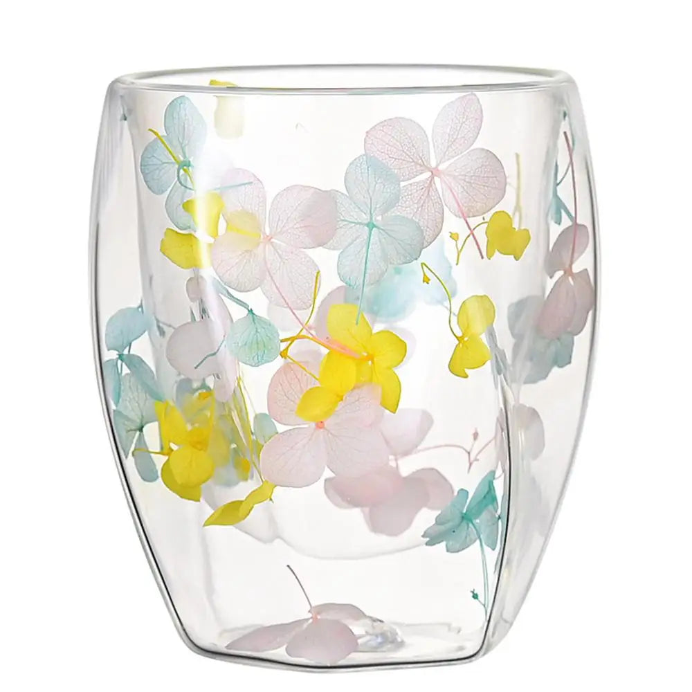 Dried Flower Double Wall Clear Glass Coffee Mugs Dried Flower Decorated Coffee Cup Milk Mug Heat Insulation Coffee Cup 350ml