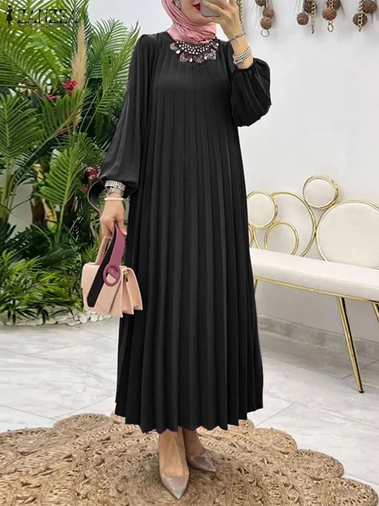 ZANZEA Women Muslim Fashion Dresses Elegant Long Lantern Sleeve Loose IsIamic Vestidos Kaftan Solid Pleated Sundress Robe Femme